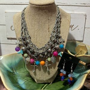 Multi Color Charm Necklace Crosses & Beads + Matching  Cluster Earrings